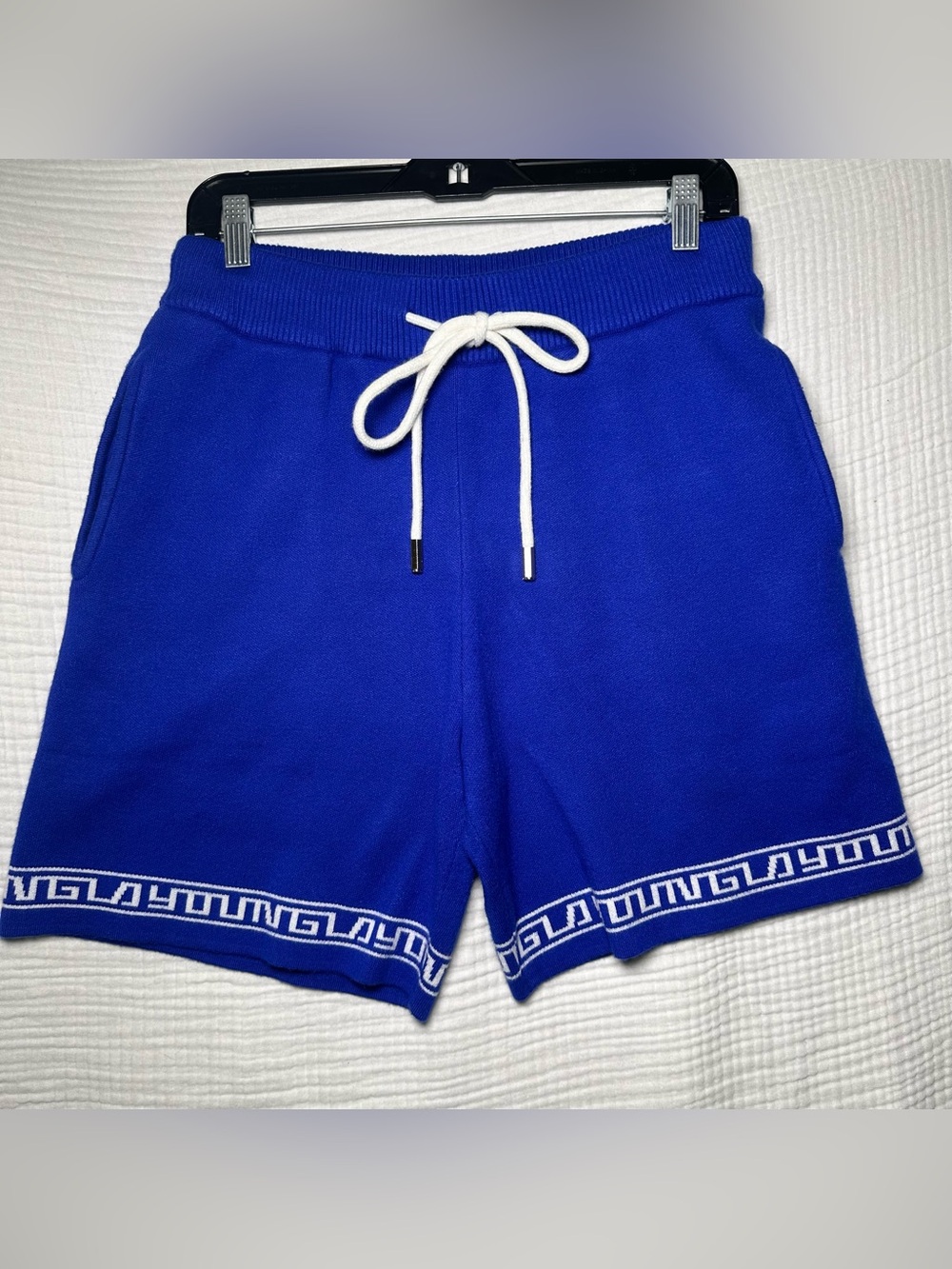 YoungLA Hieroglyphic Knit Shorts 116 Royal Blue Mens LARGE L Greek Key Gym YLA